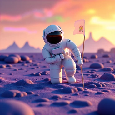 An astronaut in a white space suit with a reflective visor is kneeling on the surface of an alien planet. The ground is rocky and uneven, with hues of purple and blue. The astronaut is firmly planting a flag with a bright design into the soil. In the background, the sky is a vibrant display of colors, blending shades of orange, pink, and green. There are distant mountains with strange formations under a captivating atmosphere.
