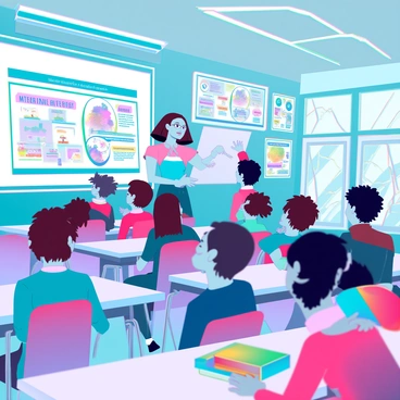 A classroom filled with bright, colorful decorations and educational posters on the walls. In the center, a teacher with short brown hair and glasses stands at a whiteboard, enthusiastically pointing to a large, vibrant chart illustrating various safety tips. The children, a diverse group of boys and girls with different hairstyles and clothing, are seated at their desks, attentively listening and looking at the visuals. Some children have their hands raised, eager to participate, while others hold colorful notebooks and pencils. Sunlight streams in through the windows, creating a cheerful atmosphere.
