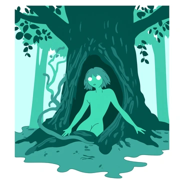 A teal mystical forest spirit is emerging from the trunk of a large, ancient tree. The spirit has glowing white eyes that pierce through the dim light of the forest. Its form is partially formed by intertwining vines that cascade down from the branches above, wrapping around the spirit's body and creating an enchanting connection to the tree. Soft light filters through the leaves above, casting gentle patterns on the forest floor, enhancing the ethereal atmosphere surrounding the spirit.