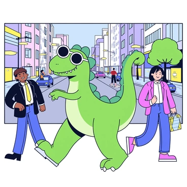 A dinosaur wearing sunglasses walking through a bustling city street.