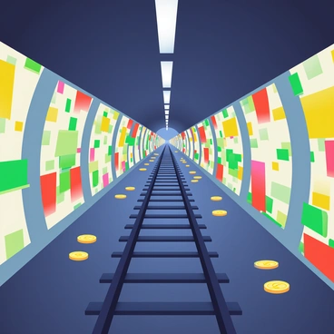 A subway tunnel is depicted with walls that are lined with glowing currency notes and coins. The notes vary in color, showcasing bright greens, reds, and yellows, emitting a soft luminescent glow. The coins are scattered along the floor and embedded in the walls, reflecting light in a shimmering manner. The tunnel has a dark, concrete finish, contrasting with the vibrant glow of the currency. Dim overhead lights provide additional illumination, enhancing the atmosphere of the scene. A train track runs through the center of the tunnel, leading into the distance.