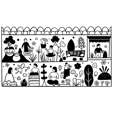 A large wall featuring a detailed black-and-white illustration of an Indian folk art mural. The mural depicts scenes of everyday life, showcasing villagers engaging in various activities such as farming, cooking, and celebrating festivals. There are intricately designed patterns and motifs surrounding the scenes, adding depth and texture to the mural. Several figures are depicted in traditional clothing, interacting with one another, and elements of nature like trees and animals are also present, enhancing the atmosphere of rural life.
