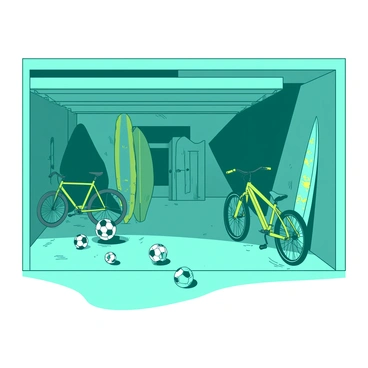 A teal garage is filled with various sports equipment. There are several soccer balls scattered across the floor, and a pair of bicycles is leaning against the wall, one of them features a bright yellow frame. In the corner, there are two surfboards, with one showcasing a vibrant yellow design and the other featuring a teal pattern. The space is organized yet bustling with activity, showcasing a variety of athletic gear.