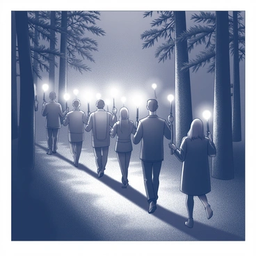 A procession of people walking along a narrow, dark wooded trail. Each person is holding a torch that casts flickering light, illuminating their faces and the surrounding trees. The trail is bordered by tall, dense trees that create an enclosed feeling, with shadows stretching across the ground. The overall atmosphere is one of intrigue, as the group moves in a purposeful manner, their torches creating a pathway through the darkness.