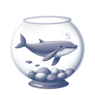 A large whale is swimming within a small fishbowl. The whale appears content, gliding gracefully through the water. Bubbles rise from its blowhole, which is positioned at the top of its head. The fishbowl sits on a table, with its round glass surface reflecting the surrounding environment. Small decorative pebbles line the bottom of the bowl, creating a contrast with the whale's form. A few tiny fish swim nearby, seemingly unfazed by the presence of the whale. The overall scene evokes a sense of whimsy and surrealism.