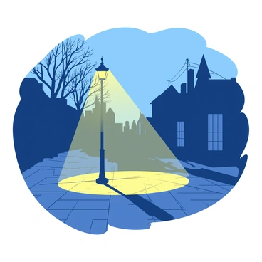 A street scene at night is shrouded in fog, with a single yellow lamp post casting a warm glow. The beam of light creates a circular area of visibility on the cobblestone pavement, revealing faint shadows of nearby buildings. The fog swirls gently around the lamp post, enhancing the sense of mystery in the atmosphere. Bare trees line the street, their silhouettes barely visible in the dim light, adding to the ambiance of a quiet, foggy night.