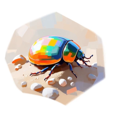 A scarab beetle with a shiny, iridescent green shell is partially buried in a sandy beach. The texture of the sandy surface is visible, with tiny grains clinging to the smooth contours of the beetle's shell. Surrounding the beetle, the sand is light beige, dotted with small pebbles and seashells. The beetle's legs are slightly visible as they extend from the sand, showing fine details of its appendages. The light reflects off the beetle, highlighting its glossy surface amidst the textured sand.