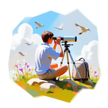 A person with medium skin tone and short brown hair is sitting on a grassy hilltop, observing birds through a pair of binoculars. They are wearing a light blue shirt and khaki shorts, with a small backpack next to them. In the background, a clear blue sky is visible, dotted with fluffy white clouds. Various birds can be seen soaring in the distance, while nearby, wildflowers add splashes of color to the green hillside. The person appears focused and engaged in their birdwatching activity.