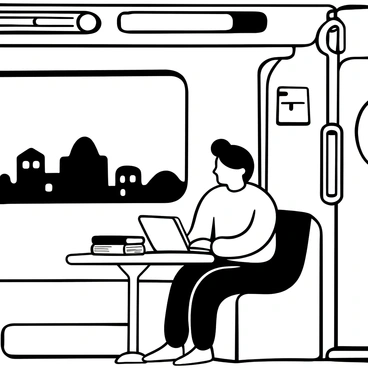 A student sitting on a train, focused on using a laptop placed on a fold-out table in front of them. The scene includes a stack of books and a notebook beside the laptop. Outside the window, blurred outlines of trees and buildings are visible as they pass by, creating a sense of movement. The interior of the train features metal railings and overhead luggage compartments. A soft light illuminates the scene from a nearby overhead lamp.
