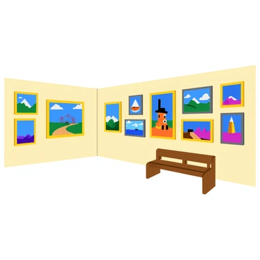 A gallery wall filled with vibrant pixel art paintings in various sizes and shapes. Each painting features distinct and bold colors, depicting a range of subjects from landscapes to characters. The pixelated details are clearly visible, creating a playful and engaging atmosphere. The wall itself is a neutral shade, allowing the colorful artwork to stand out prominently. On the floor, there is a simple wooden bench for viewing the artworks comfortably.