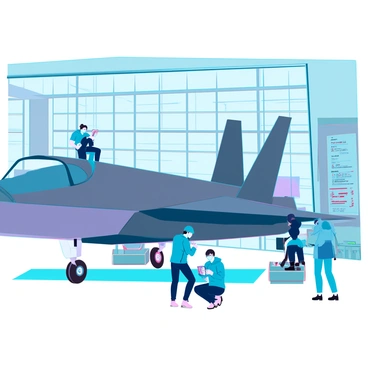 An F-35 jet with a sleek, angular design and a metallic gray surface is parked inside a large, spacious hangar. The hangar has bright lights illuminating the area, highlighting the jet's advanced features such as its retractable landing gear and stealthy contours. A group of engineers in matching blue jumpsuits and safety helmets are gathered around the aircraft, examining various components with tools in hand. Some are crouched near the jet's wing, while others are standing on a platform, reviewing technical readouts on tablets. The hangar walls are lined with various tools and equipment, creating an organized yet busy atmosphere.