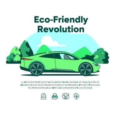 A duotone layout features a sleek, modern eco-friendly car model in the center, highlighted with a vibrant green accent against a contrasting soft white background. The car's design showcases smooth curves and aerodynamic lines, emphasizing its innovative features. Surrounding the car are graphics of lush green landscapes and clear blue skies, reinforcing the eco-friendly theme. In the top corner, the words "Eco-Friendly Revolution" are prominently displayed in a bold font. At the bottom, specifications of the car are listed, including its electric range and sustainable manufacturing process, set against a clean, minimalistic design.