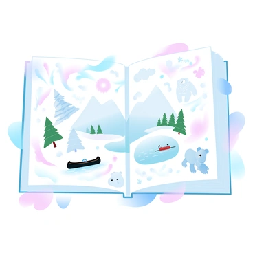 A page filled with various whimsical doodles representing Canadian culture and nature. There are doodles of a maple leaf, a beaver, and a totem pole in the background. A snowy mountain range is illustrated with trees surrounding it, while a canoe floats on a serene lake. Alongside these elements, there are playful depictions of wildlife, such as a moose and a polar bear, integrated within the design. Additionally, a stylized version of the Northern Lights appears in vibrant colors above the scenery. The entire page is filled with a harmonious arrangement of these charming doodles, reflecting the essence of Canada.