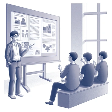 A teacher stands in front of a large wall display, gesturing towards informative panels about the caste system. The teacher is wearing glasses and holding a pointer, emphasizing key points in the presentation. A diverse group of students sits on benches, attentively listening and taking notes. Some students are raising their hands to ask questions, while others are focused on the visual aids, which feature diagrams and historical images related to the caste system. The museum's interior has high ceilings and is filled with natural light streaming through large windows.