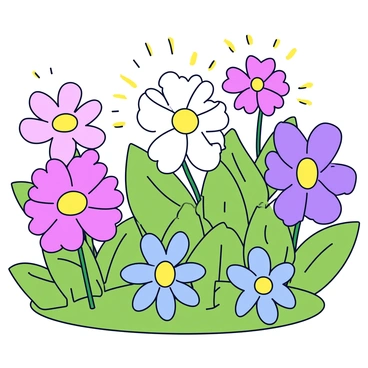 A vibrant garden filled with a variety of blooming flowers, each flower in a different bright color. The petals of the flowers are shaped like musical notes, adding a whimsical touch to the scene. The garden is lush with greenery, featuring well-defined leaves that contrast with the colorful blossoms. The sunlight shines down, illuminating the flowers and creating a lively atmosphere.