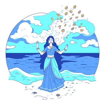 A blue ocean with waves gently crashing against the shore where "Goddess Lakshmi" stands gracefully. She is dressed in a flowing gown adorned with intricate patterns. Her arms are outstretched, and golden coins and jewels are rising from the water, cascading into the air around her. The sky above is a vibrant blend of colors, creating a radiant backdrop. The sand is glistening under the sunlight, enhancing the overall magical scene.