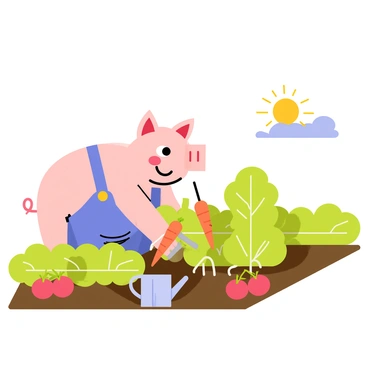 A pig wearing blue overalls is actively tending to a garden filled with various vegetable crops. The pig has a cheerful expression as it uses a small gardening tool to cultivate the soil. Surrounding the pig are rows of vibrant green plants, including carrots, lettuce, and tomatoes. A watering can is placed nearby, and a sunny blue sky can be seen overhead, enhancing the lively atmosphere of the garden.