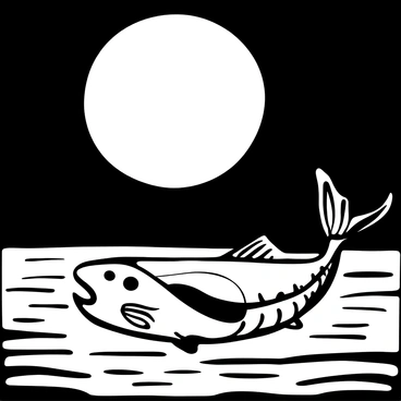 A barramundi swimming beneath a full moon, creating ripples in the water as it glides gracefully. The moonlight casts intricate shadows of the fish across the water's surface, surrounded by gentle waves. The scene captures the quiet elegance of the underwater world.