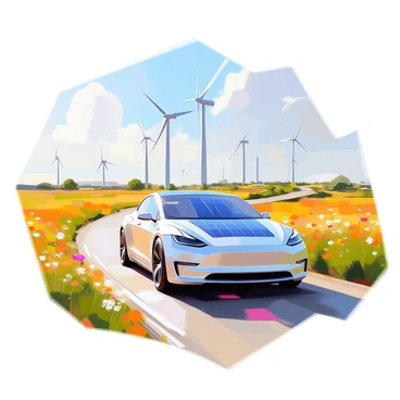 A solar-powered car, sleek and modern, is driving along a winding road through a rural landscape. The car has a glossy exterior that reflects the sunlight, showcasing its advanced technology. On either side of the road, lush green fields stretch out, dotted with colorful wildflowers. In the distance, several large wind turbines are visible, their blades slowly turning in the gentle breeze against a clear blue sky. The scene captures the harmony between sustainable energy and nature, with the car smoothly gliding through the serene countryside.