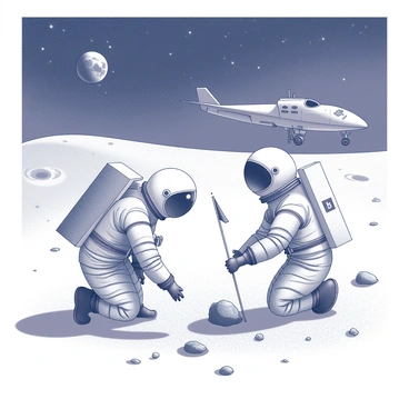 A lunar landscape under a starry sky. Two astronauts in antique space suits are standing on the surface of the moon, their helmets reflecting the distant Earth. One astronaut is crouching down, examining a moon rock, while the other is planting a flag with a symbol on it into the lunar soil. The ground is covered in fine dust with small craters scattered around. In the background, a sleek spacecraft can be seen, resembling vintage designs, with its landing gear deployed.