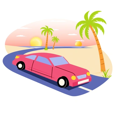 An express car driving along a beach road at sunset with palm trees lining the path