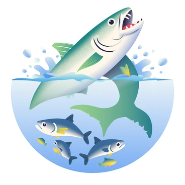 A barracuda with sharp teeth and a streamlined body is breaking the surface of the water with a powerful splash. Its scales glisten under the sunlight, reflecting shades of silver and green. Below, a school of small fish can be seen attempting to escape, their fins flaring in a frenzy. The water is rippling and splashing around the barracuda, creating a dynamic scene filled with energy and motion. Bubbles rise to the surface, adding to the sense of urgency in this moment of predation.
