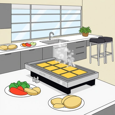 A sleek, modern kitchen with shiny stainless steel appliances and smooth white countertops. The kitchen has large windows allowing natural light to flood in, illuminating the space. In the center, there is a high-tech raclette grill, featuring a polished metal surface with square compartments for melting cheese. Steam rises from the grill, indicating that it is in use. Surrounding the grill are colorful plates of vegetables and slices of potatoes ready to be cooked. There are a couple of stylish high stools at a breakfast bar nearby, and a vibrant potted herb plant adds a touch of green to the scene. The overall atmosphere is inviting and lively, perfect for a gathering.