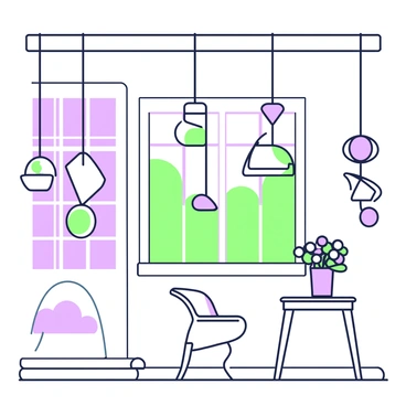 A series of whimsical mobiles are hanging from the ceiling in a brightly lit room. The mobiles feature various geometric shapes, such as circles and triangles, in a playful arrangement. Each mobile moves gently, casting soft shadows on the white walls. In the background, there is a large window revealing sunlight filtering through sheer curtains. The floor is wooden, and a small round table is visible, topped with a colorful vase holding fresh flowers.