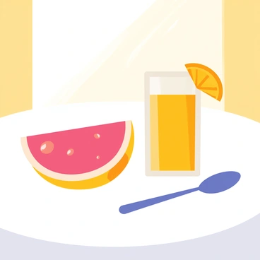 A breakfast table set with a white tablecloth. In the center, there is a halved pink grapefruit with glistening juice droplets on its surface. Next to the grapefruit, there is a silver spoon resting on the table. Beside the spoon, there is a tall glass filled with bright orange juice, with a slice of orange placed on the rim. The background features a soft morning light illuminating the scene, creating a warm and inviting atmosphere.