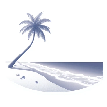 A tropical beach scene with soft, sandy shores extending towards the horizon. A single coconut tree stands tall, its trunk curved gracefully, with fronds gently swaying in the breeze. The waves of the ocean lap at the beach, creating a rhythmic pattern in the sand. A few scattered seashells and small rocks are nestled in the sand, adding texture to the scene. The sky above is vast and clear, providing a wide sense of openness.