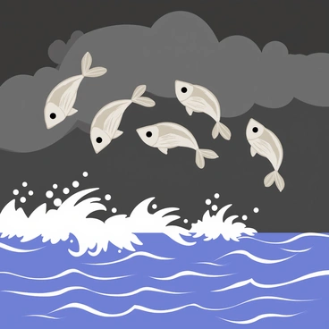 A group of silver flying fish with elongated fins leaps out of a choppy blue ocean. Each fish arcs gracefully through the air, creating splashes of water below. The sky above is dark and ominous, filled with grey storm clouds swirling menacingly. The waves are tumultuous, reflecting the turmoil of the approaching storm as the fish strive to escape the impending weather.