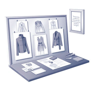 A design board filled with various fashion sketches. The sketches display different garments, including dresses, jackets, and accessories, each with intricate details and unique patterns. The board is made of cork and features several pins holding the sketches in place. Scattered around the board, there are tools like pencils and fabric swatches, adding to the creative atmosphere. The workspace has a bright and organized look, with an inspirational quote framed on the wall, enhancing the artistic environment.