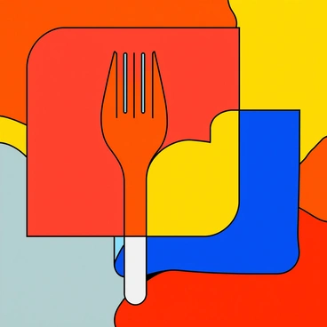 A vibrant composition featuring bold colors such as bright red, deep blue, and sunny yellow. The painting showcases large, geometric shapes overlapping each other in a playful manner. In the center, a shape resembling a fourchette is suggested, with its distinct fork-like structure emphasized through contrasting colors. The background consists of fluid, swirling patterns that enhance the dynamic feel of the artwork.