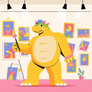 Bowser standing proudly in an art gallery, surrounded by colorful frames showcasing his creative masterpieces. The gallery walls are adorned with vibrant paintings of various themes, each featuring Bowser's signature style. Bowser, a large, anthropomorphic turtle-like creature with spiky shell and horns, is holding a paintbrush in one hand. He is wearing a beret tilted to one side, exuding an artistic flair. In the background, there are sculptures of fire-breathing dragons and fantastical landscapes, along with spotlights highlighting each artwork. The atmosphere is lively, with Bowser showcasing and explaining his creations to imaginary guests.