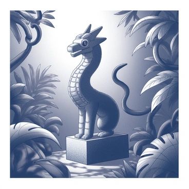 A detailed stone statue of "Quetzalcoatl," the feathered serpent deity, stands prominently among dense jungle foliage. The statue features intricate carvings that depict the serpent's scales and feathers, showcasing a blend of strength and grace. Surrounding the statue, large tropical leaves and vines twist and curl, creating a sense of depth and enclosure. The foliage is lush and abundant, with various textures adding richness to the scene. Sunlight filters through the canopy above, casting dappled shadows across the statue and the ground, enhancing the natural beauty of the setting.