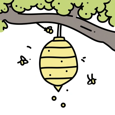 A wooden beehive, with a rounded shape and a textured surface, is hanging from a sturdy branch of a large tree. The branch is thick and covered in green leaves, casting a dappled shade around the hive. Numerous small bees, with black and yellow stripes, are buzzing around the hive, some hovering near the entrance. Sunlight filters through the leaves, creating a play of light and shadow on the hive and the branch.