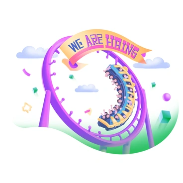 A roller coaster loop with a 'We Are Hiring' banner in bright carnival colors