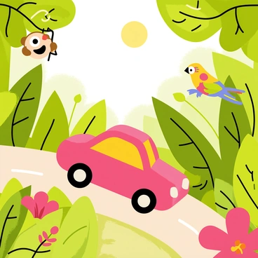 A small red toy car is navigating through a vibrant jungle filled with oversized green plants that tower above it. Brightly colored flowers with large petals surround the path, adding splashes of color to the scene. Playful animals such as a cheerful monkey swinging from a tree branch and a colorful parrot perched on a leaf can be seen. The sun filters through the dense foliage, casting dappled light on the car as it explores the lively landscape.