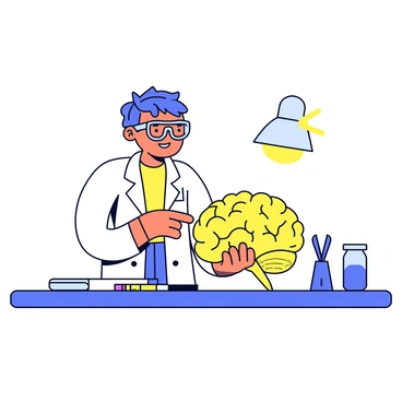 A scientist examining a 3D model of the human brain focusing on the prefrontal cortex