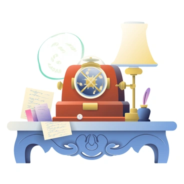 A vintage telegraph machine with a polished wooden finish is placed on an ornate antique desk. The machine features brass levers and a glass dome showcasing intricate mechanics inside. Surrounding the telegraph are scattered papers with handwritten notes and a small ink pot with a quill. "Dots" and "dashes" are represented by soft glowing light pulses emanating from the machine, illuminating the area around it. The desk has detailed carvings and is adorned with a classic table lamp, casting a warm glow over the scene.