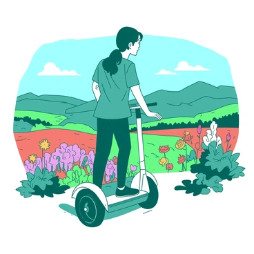 A teal rider is taking a break on a white Segway. The rider is standing still, resting one hand on the handlebar while gazing out over a vast valley. The valley is filled with a variety of vibrant wildflowers in different colors, creating a colorful landscape. In the background, rolling hills stretch into the distance under a clear blue sky. The sunlight casts soft shadows on the ground, highlighting the beauty of the scene.