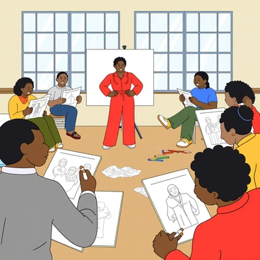 A lively classroom filled with students of diverse backgrounds, each focused on their drawing pads. The studio is bright with light streaming through large windows, illuminating the colorful art supplies scattered around. In the center, a live model poses confidently, wearing a bright red outfit that contrasts with the white backdrop. Each student is capturing the model's pose in their own unique style, with a variety of sketching techniques visible on their pages. Some students are seated at easels, while others are on the floor, surrounded by crumpled paper and colorful pencils. The atmosphere is energetic, with expressions of concentration and creativity on the faces of the students.