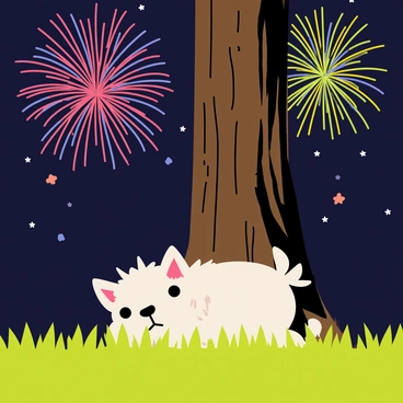 A small, frightened dog with fluffy fur is crouched low, hiding behind a tall tree. The dog's ears are perked up and its eyes are wide, showing its anxiety. Bright and colorful fireworks are exploding in the night sky, casting vibrant light in various shades of red, blue, green, and yellow. The tree's bark is dark brown, and the grass below is a vivid green, contrasting with the colorful display above. The scene captures the dog's tension against the backdrop of the festive, sparkling fireworks.