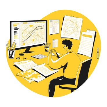 A person sitting at a desk, focused on planning truck delivery routes. The desk is covered with large, detailed maps spread out, showcasing various roads and routes. A computer monitor displays route planning software with highlighted paths. The planner is using a pen to annotate the maps, while a cup filled with pens and markers sits on the desk nearby. A notepad filled with notes and a few delivery schedule documents are visible, creating a busy and organized workspace.