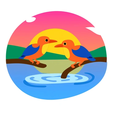 Two brightly colored kingfishers are perched on a low branch, their feathers showcasing vibrant orange and blue hues. They are poised above the shimmering water below, where each bird has its eye fixed on the surface, ready to dive. The background features a striking sunrise, with rich shades of pink, orange, and yellow blending seamlessly into the sky. The reflection of the colorful sky dances on the water's surface, adding to the dynamic scene. The atmosphere is lively as the two birds seem to be in perfect synchronicity, creating a sense of harmony in their fishing activities.