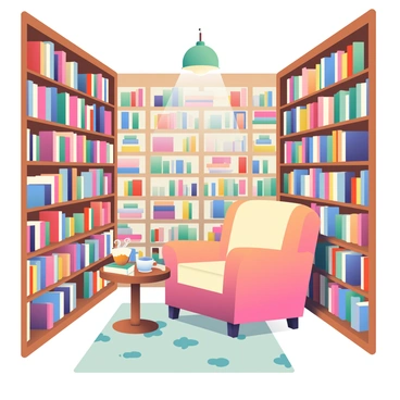 A quaint bookstore features towering wooden shelves filled with various books in different colors and sizes. The shelves stretch up to the ceiling, creating a warm and inviting atmosphere. In the center, there is a cozy reading nook with a plush, oversized armchair upholstered in a soft, earthy fabric. A small round wooden table sits beside the chair, holding a steaming cup of tea and a stack of books. Soft, ambient lighting hangs from the ceiling, illuminating the space and casting gentle shadows across the floor. A patterned rug lays underneath the reading nook, adding to the comfort of the area.