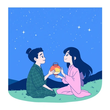 A blue sky is filled with twinkling stars above a serene landscape. Tanjiro and Nezuko are sitting on a grassy hillside, facing each other with soft smiles. Tanjiro, wearing a dark green checkered haori, has his hair tied back neatly. Nezuko, dressed in her pink kimono, has her hair flowing down her back and wears a bamboo muzzle. They are sharing a small, round orange lantern that glows softly between them, illuminating their faces. The scene captures the warmth of their bond, as they gesture playfully towards the night sky, pointing out constellations together.
