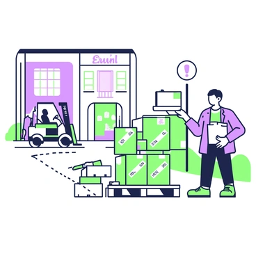 A buyer is standing at a factory gate, inspecting a shipment of goods. The buyer is wearing a blue jacket and holding a clipboard, examining the items stacked on a wooden pallet. There are boxes labeled with various product names, and some goods are wrapped in green plastic. In the background, the factory building is partially visible, displaying large windows and a sign with the company's name. A clear path leads from the factory gate to the loading area, where a forklift is parked nearby, ready for transportation.