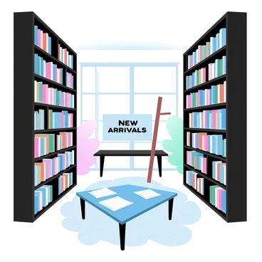 A library with tall bookshelves extending upward, filled with colorful spines of books. The bookshelves are made of dark wood and are arranged in neat rows, with a few books leaning against one another. A wooden ladder is leaning against one of the shelves, ready to be used to reach higher placements. Large windows allow soft light to filter in, illuminating the space. In the center, there are tables with open books and notebooks scattered across them. A large sign displays "New Arrivals" prominently.