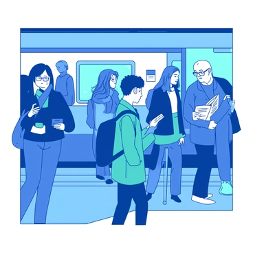 A blue train platform is crowded with commuters waiting for their train. Each person is engaged in their own activity. On the left, a woman with long brown hair is looking at her phone, unaware of her surroundings. Beside her, a man in a teal coat is reading a newspaper, glasses perched on the tip of his nose. In the middle, a young student with a backpack is listening to music, bobbing his head slightly to the rhythm. In the background, an older individual with a cane is observing everyone around him, a thoughtful expression on his face. The atmosphere is lively yet focused, capturing a moment of everyday life.